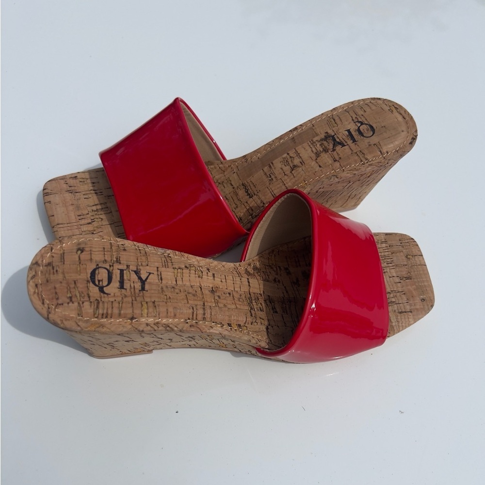 Glossy Red Patent Cork Wedge Slide - Women - Picture 5 of 8